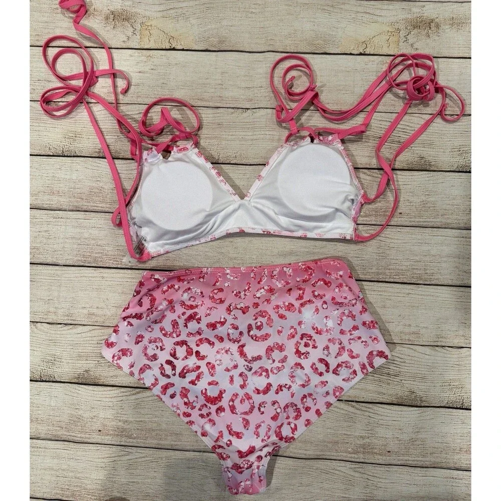 Leopard Print Pink Two-Piece Bikini Sea Shell Accent Size Small